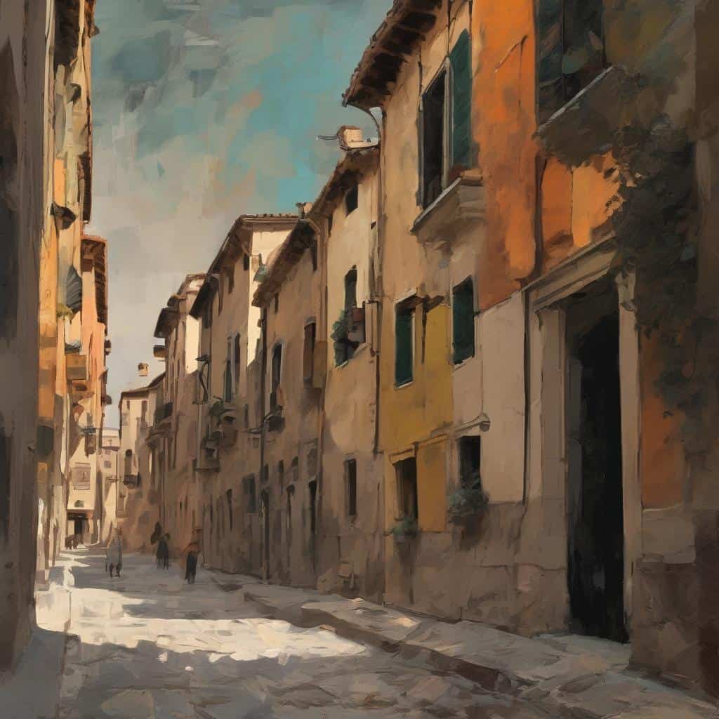 Γραφικό στενό δαυλοστοιχείων, ζωγραφική πόλης, καλλιτεχνική εξέλιξη, δημιουργία, ζωγραφισμένο τοπίο, τέχνη και δημιουργικότητα.