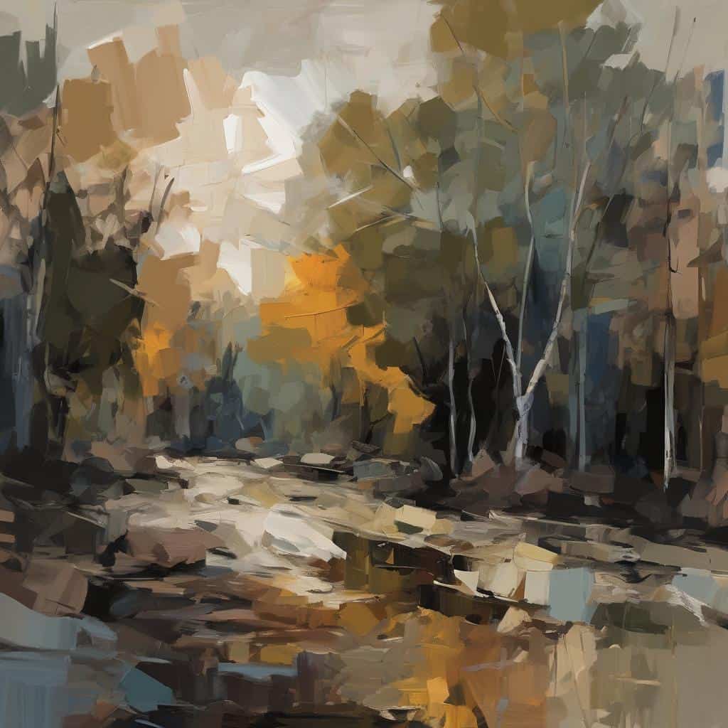 Μοντέρνο τοπίο φθινοπωρινής φύσης σε ζωγραφική εικαστική μορφή, έκφραση δημιουργικότητας και καλλιτεχνικής εξέλιξης.