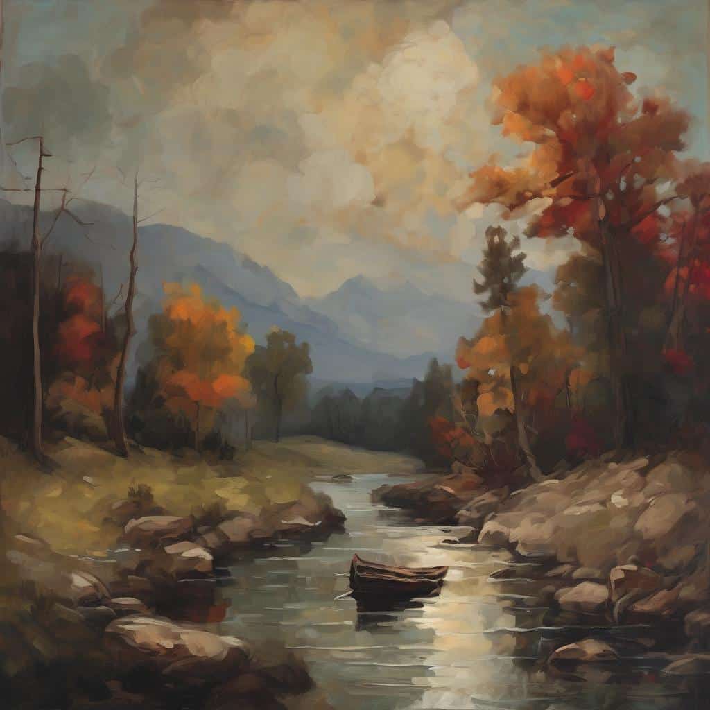 Ουρανόσκιες ομορφιές στη φύση, δημιουργία και καλλιτεχνική εξέλιξη σε τοπίο με ποταμό και δέντρα φθινοπώρου.